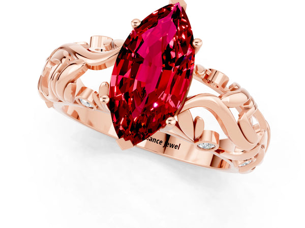 Rose gold Marquise Cut Solitaire Ruby Leaf-Inspired Vine Band Ring with Prong Setting