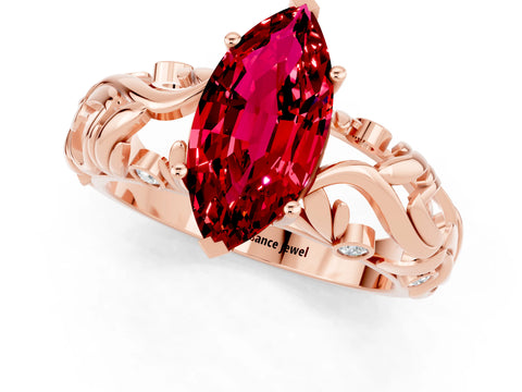 Rose gold Marquise Cut Solitaire Ruby Leaf-Inspired Vine Band Ring with Prong Setting_1