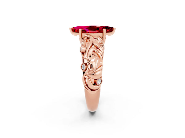 Rose gold Marquise Cut Solitaire Ruby Leaf-Inspired Vine Band Ring with Prong Setting