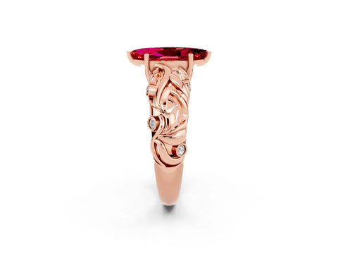 Rose gold Marquise Cut Solitaire Ruby Leaf-Inspired Vine Band Ring with Prong Setting_2