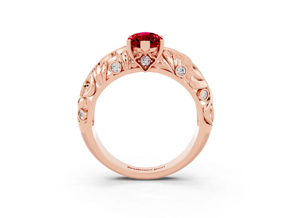 Rose gold Marquise Cut Solitaire Ruby Leaf-Inspired Vine Band Ring with Prong Setting