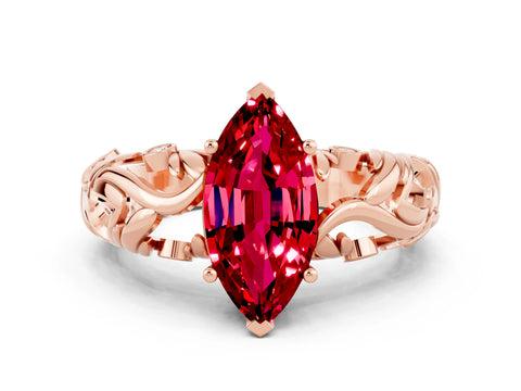 Rose gold Marquise Cut Solitaire Ruby Leaf-Inspired Vine Band Ring with Prong Setting
