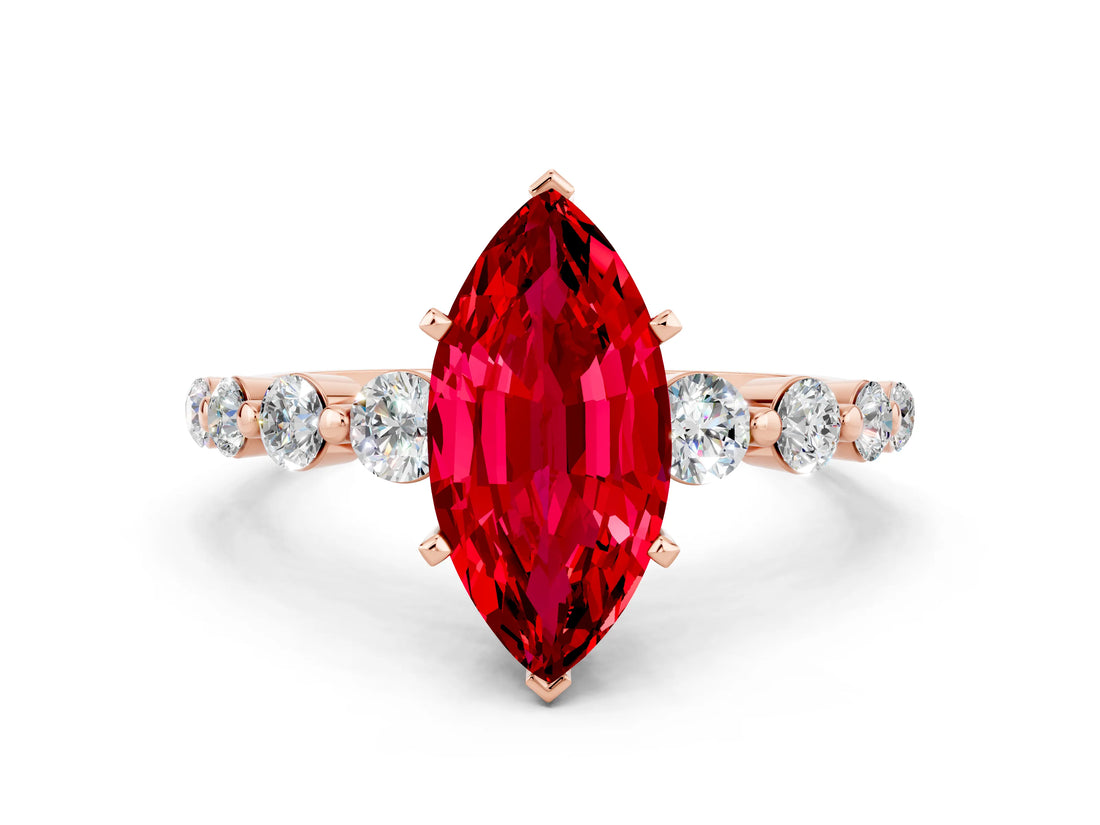 Rose gold Marquise Cut Solitaire Ruby Ring with Pave Band and Four-Prong Setting