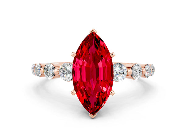 Rose gold Marquise Cut Solitaire Ruby Ring with Pave Band and Four-Prong Setting