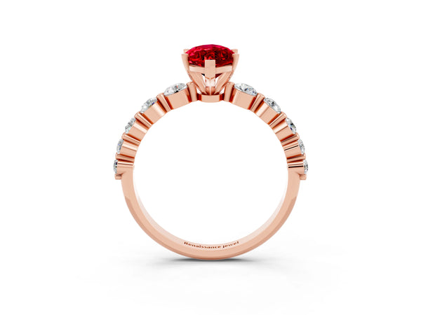 Rose gold Marquise Cut Solitaire Ruby Ring with Pave Band and Four-Prong Setting