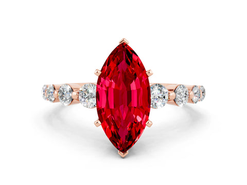 Rose gold Marquise Cut Solitaire Ruby Ring with Pave Band and Four-Prong Setting