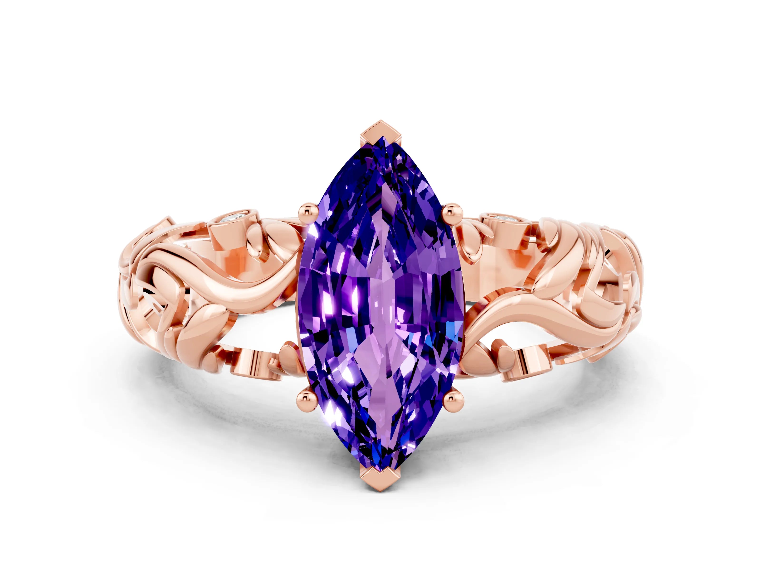 Rose gold Marquise Cut Solitaire Tanzanite Leaf-Inspired Vine Band Ring with Prong Setting