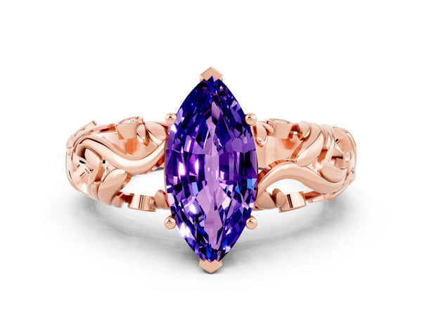 Rose gold Marquise Cut Solitaire Tanzanite Leaf-Inspired Vine Band Ring with Prong Setting