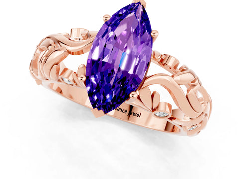 Rose gold Marquise Cut Solitaire Tanzanite Leaf-Inspired Vine Band Ring with Prong Setting_1