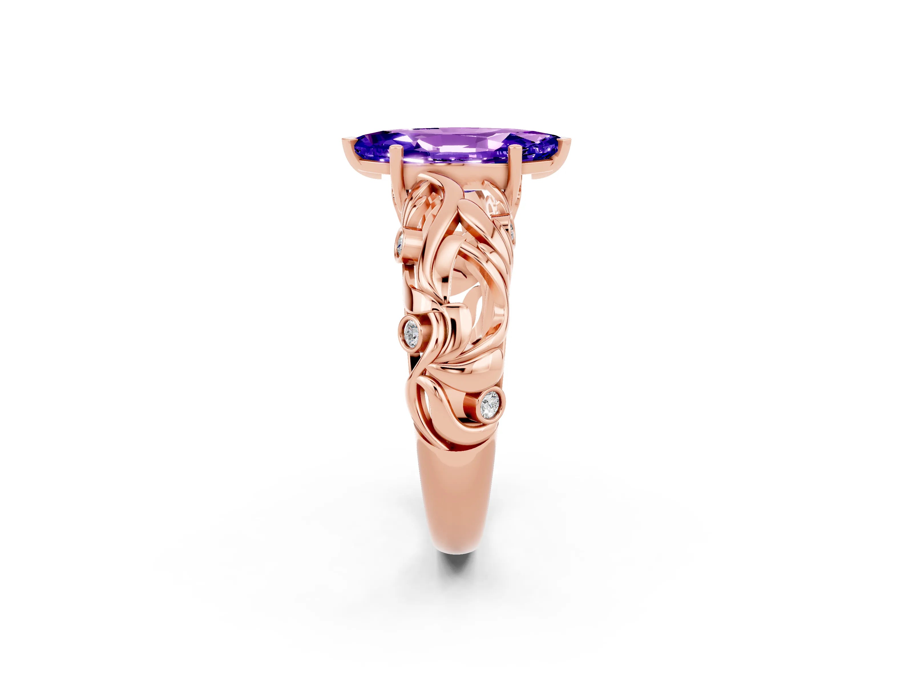 Rose gold Marquise Cut Solitaire Tanzanite Leaf-Inspired Vine Band Ring with Prong Setting_2