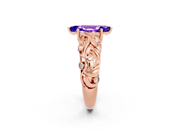 Rose gold Marquise Cut Solitaire Tanzanite Leaf-Inspired Vine Band Ring with Prong Setting