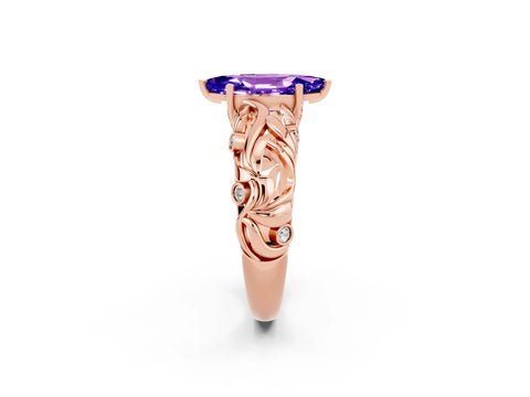 Rose gold Marquise Cut Solitaire Tanzanite Leaf-Inspired Vine Band Ring with Prong Setting_2