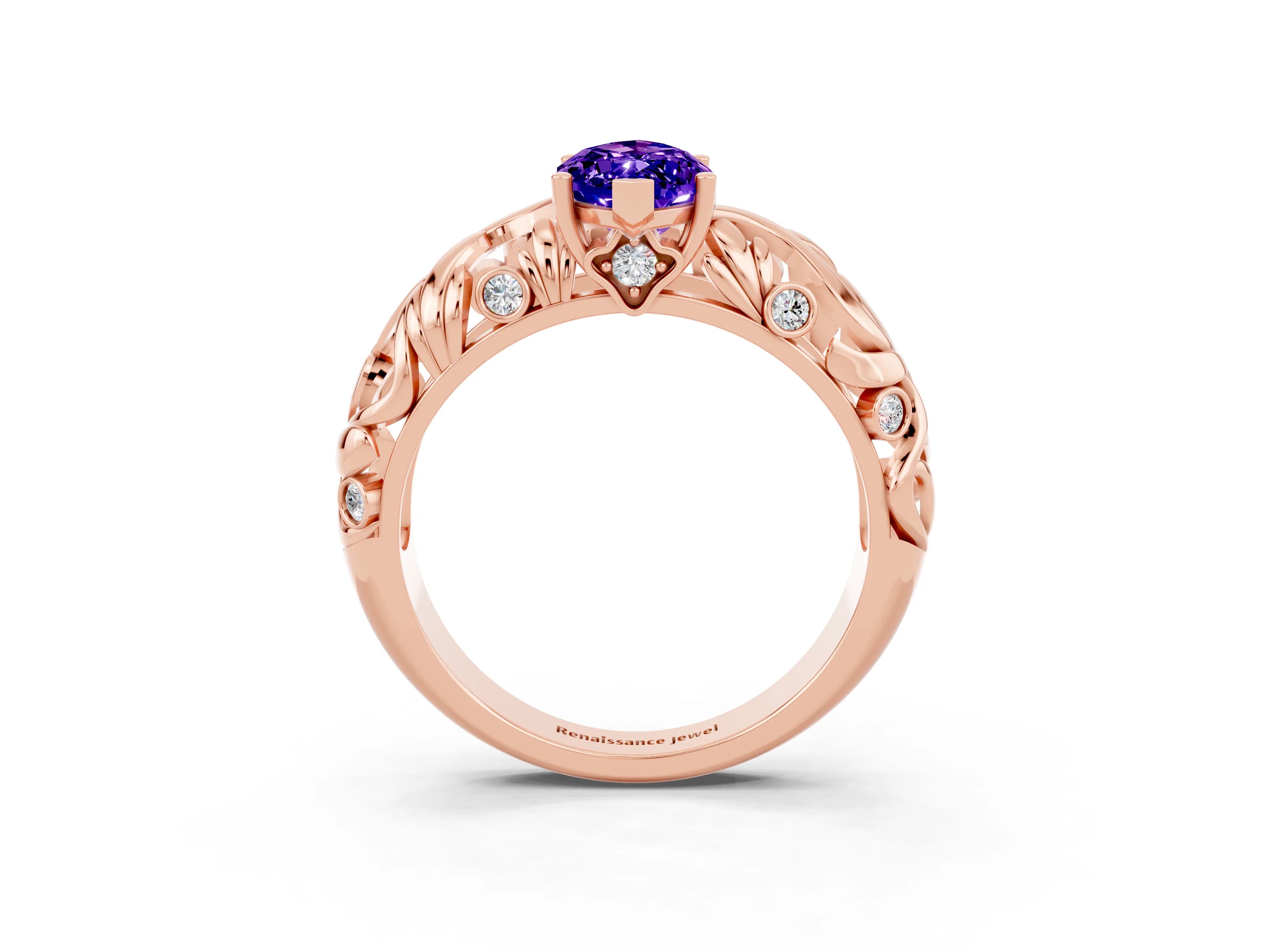 Rose gold Marquise Cut Solitaire Tanzanite Leaf-Inspired Vine Band Ring with Prong Setting_3