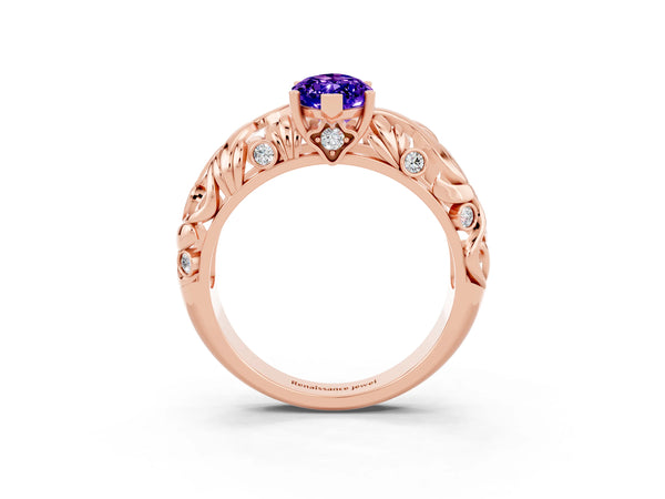 Rose gold Marquise Cut Solitaire Tanzanite Leaf-Inspired Vine Band Ring with Prong Setting
