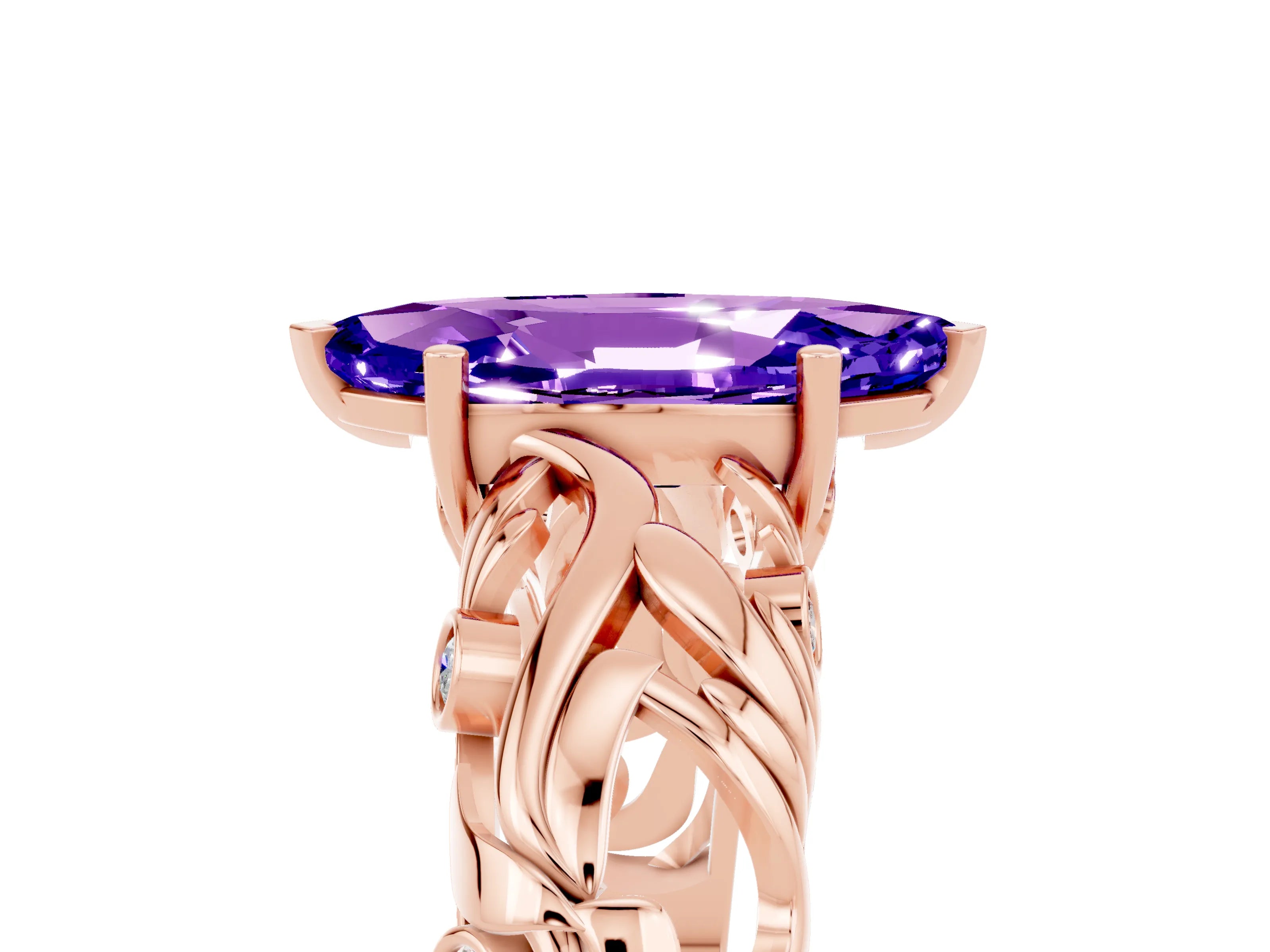 Rose gold Marquise Cut Solitaire Tanzanite Leaf-Inspired Vine Band Ring with Prong Setting_5