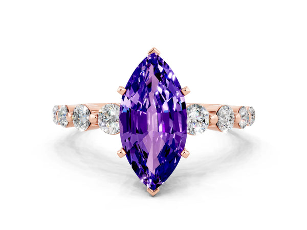 Rose gold Marquise Cut Solitaire Tanzanite Ring with Pave Band and Four-Prong Setting