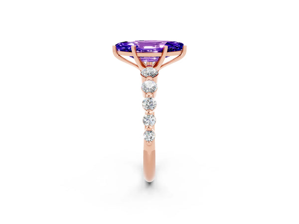 Rose gold Marquise Cut Solitaire Tanzanite Ring with Pave Band and Four-Prong Setting