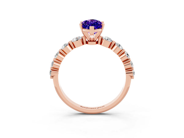 Rose gold Marquise Cut Solitaire Tanzanite Ring with Pave Band and Four-Prong Setting