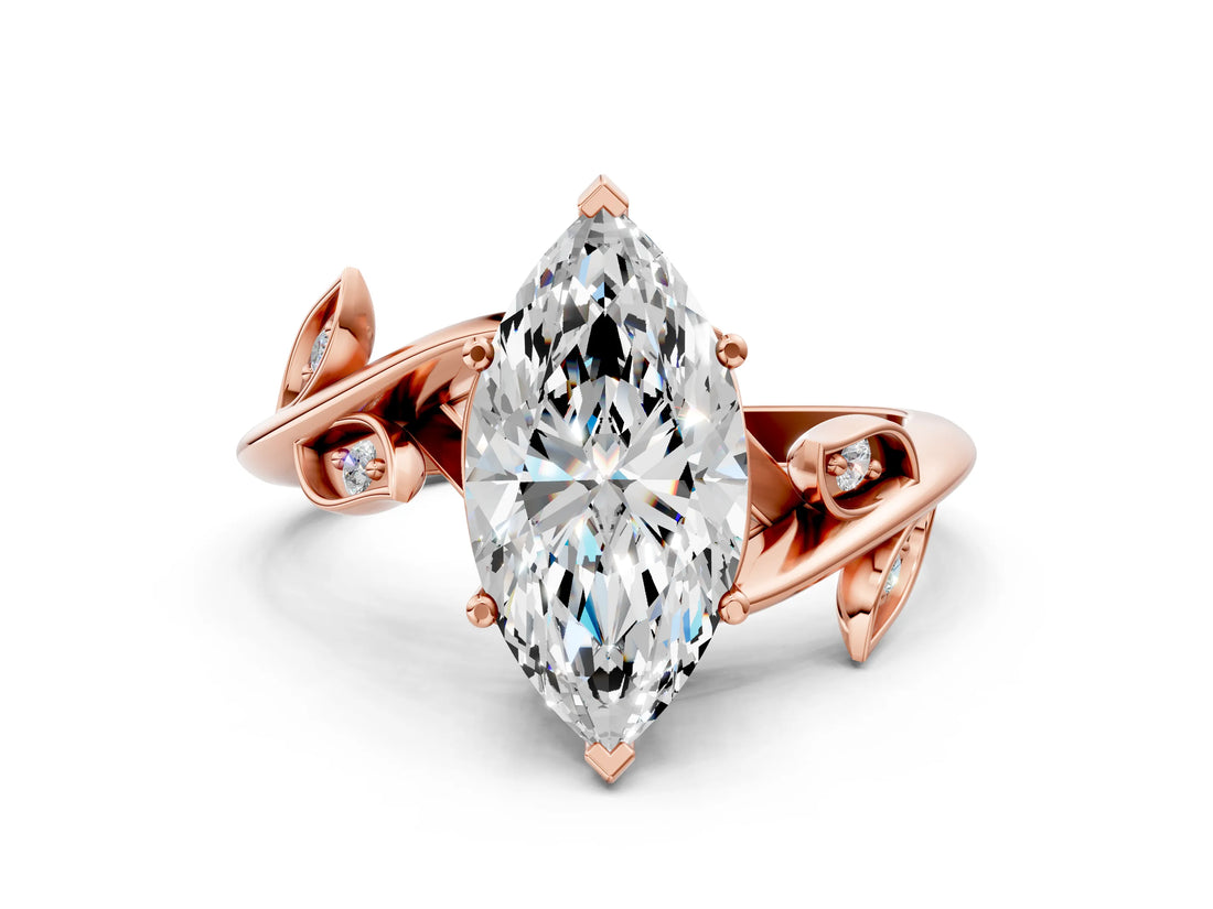 Rose gold Marquise Cut Solitaire Twist Engagement Ring with Leaf Accents and Prong Setting_15