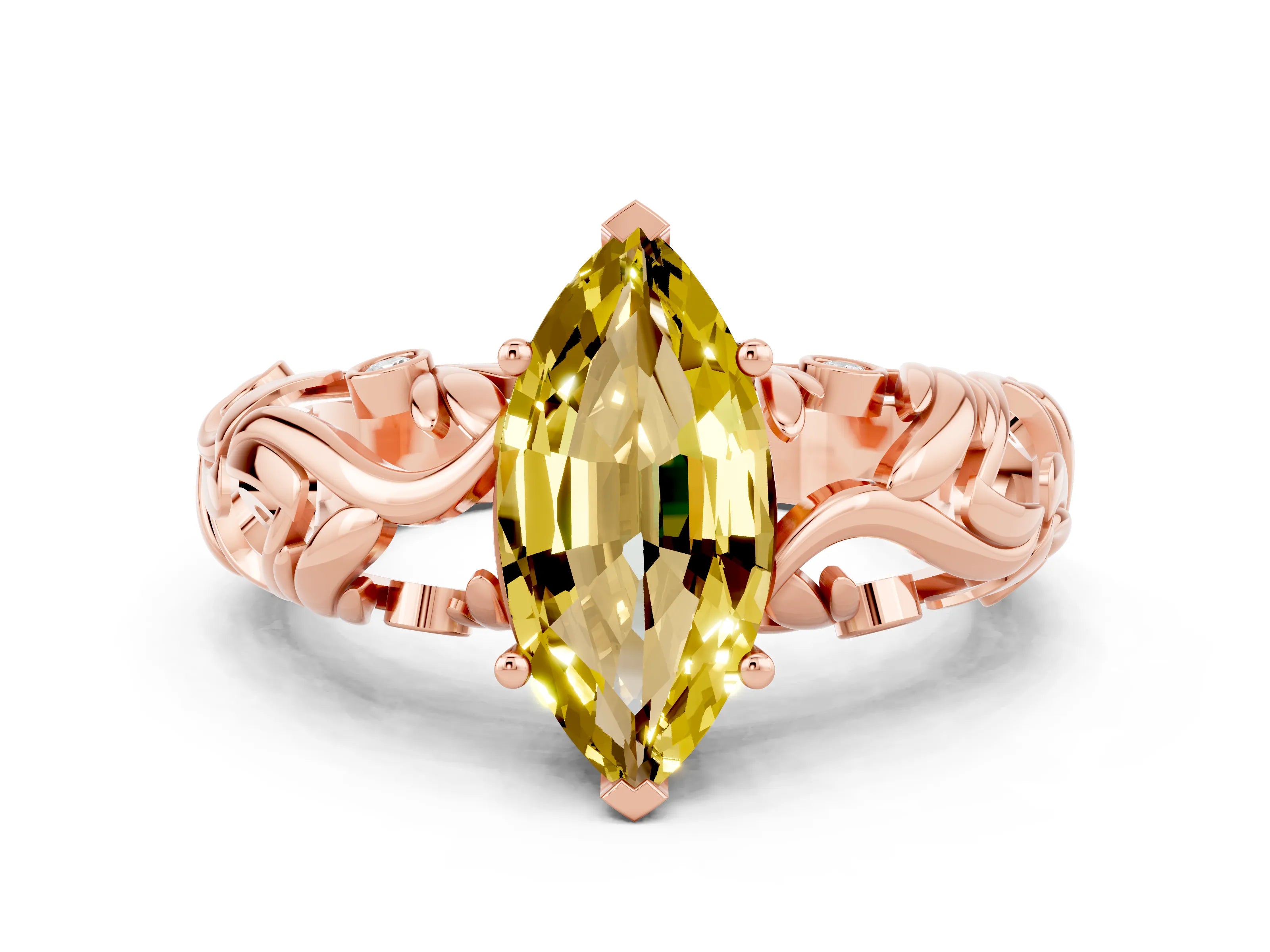 Rose gold Marquise Cut Solitaire Yellow Sapphire Leaf-Inspired Vine Band Ring with Prong Setting_24
