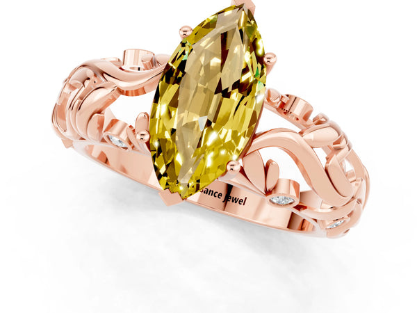 Rose gold Marquise Cut Solitaire Yellow Sapphire Leaf-Inspired Vine Band Ring with Prong Setting