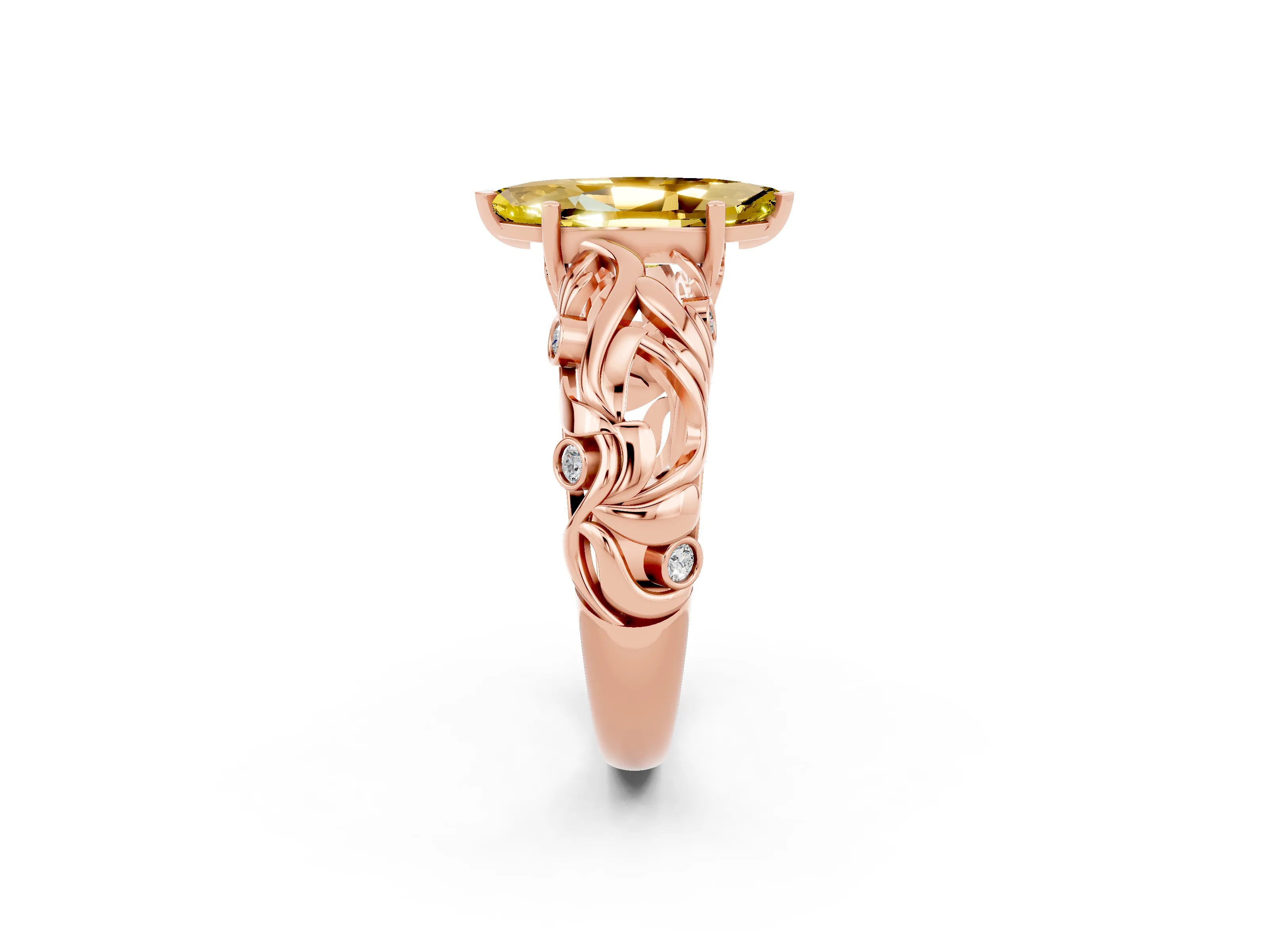 Rose gold Marquise Cut Solitaire Yellow Sapphire Leaf-Inspired Vine Band Ring with Prong Setting_26