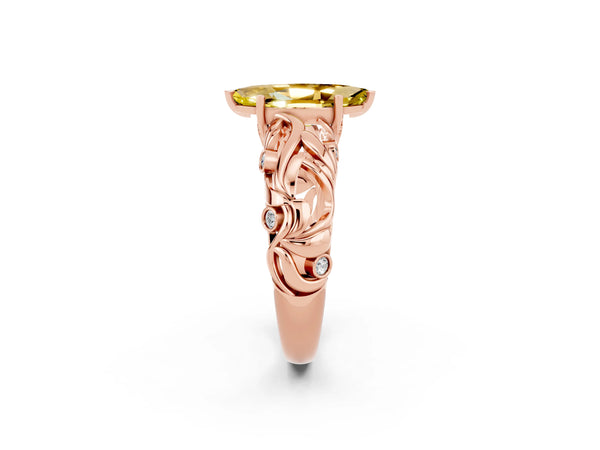 Rose gold Marquise Cut Solitaire Yellow Sapphire Leaf-Inspired Vine Band Ring with Prong Setting