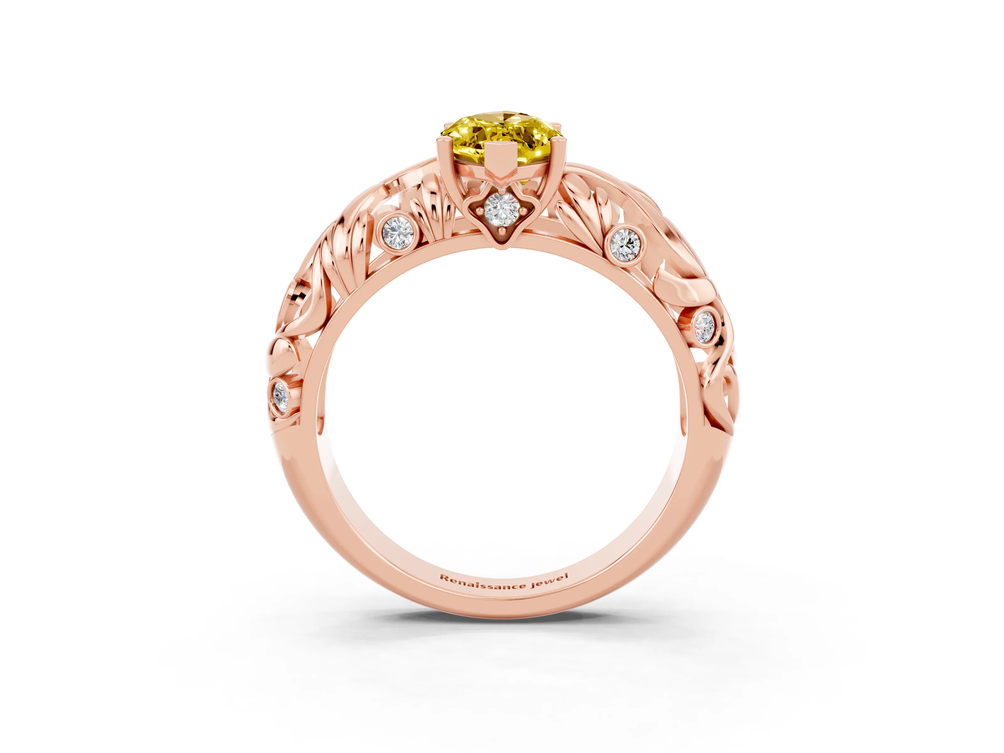 Rose gold Marquise Cut Solitaire Yellow Sapphire Leaf-Inspired Vine Band Ring with Prong Setting_27