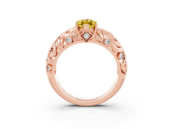 Rose gold Marquise Cut Solitaire Yellow Sapphire Leaf-Inspired Vine Band Ring with Prong Setting