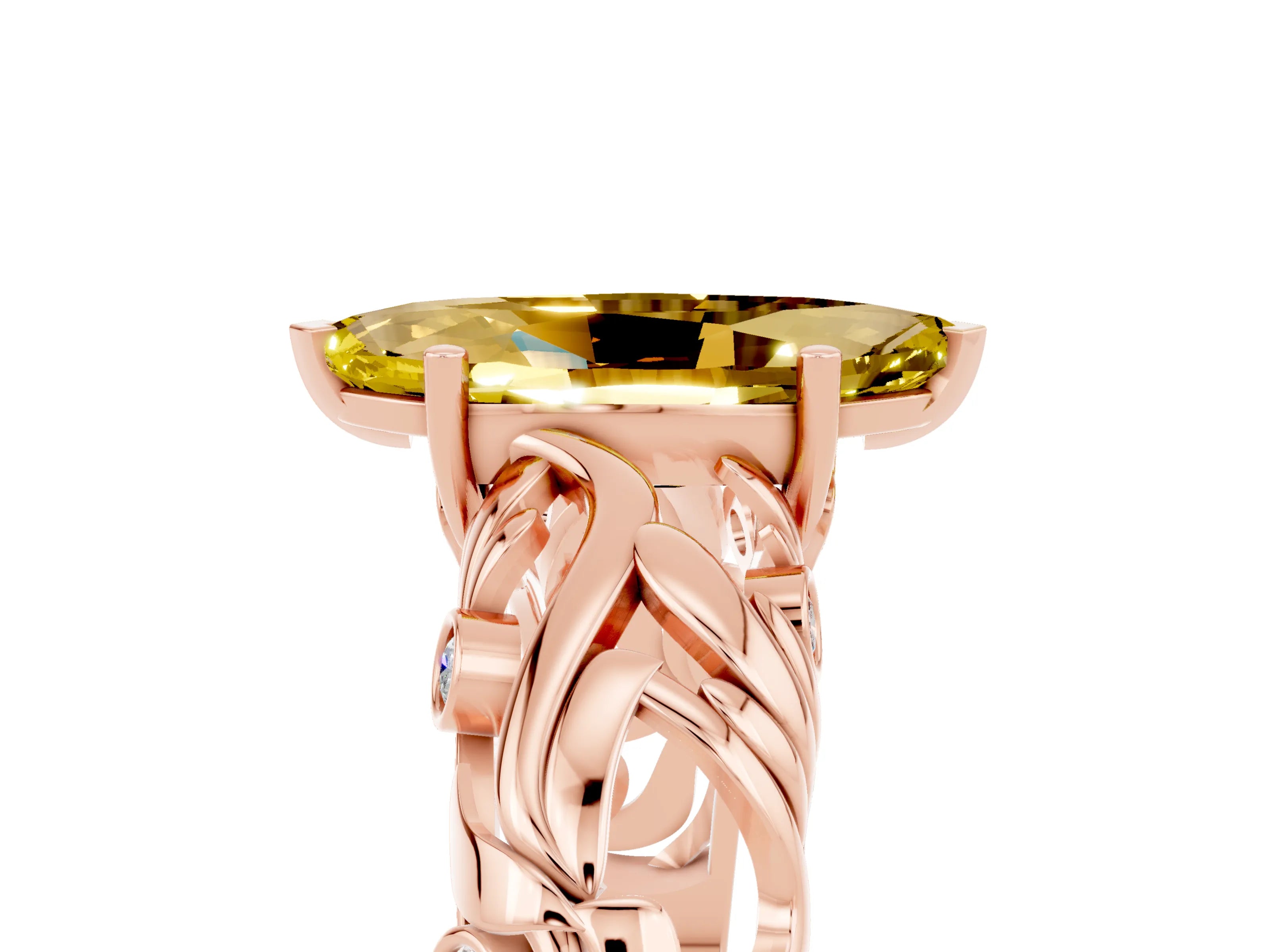 Rose gold Marquise Cut Solitaire Yellow Sapphire Leaf-Inspired Vine Band Ring with Prong Setting_29