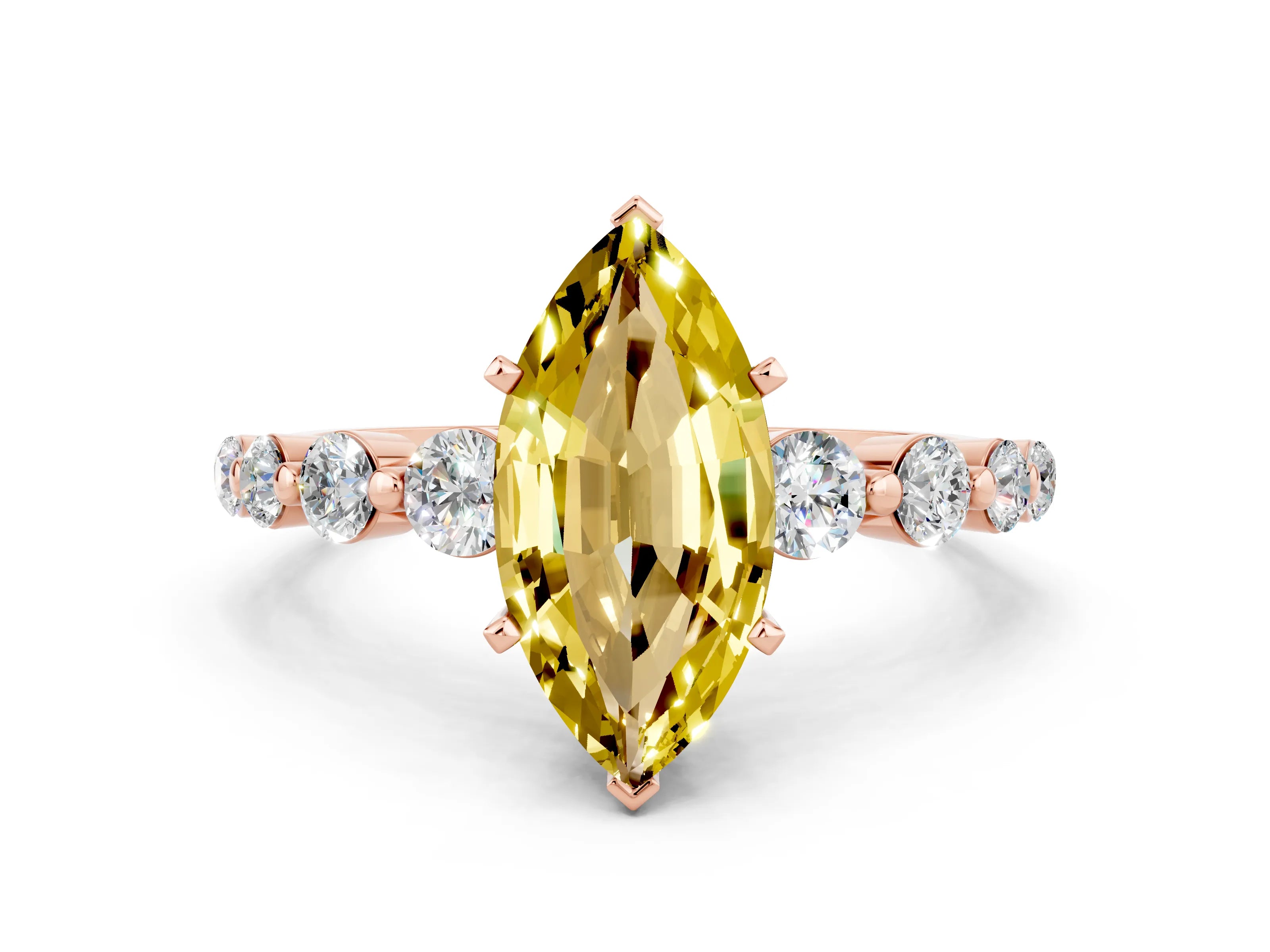 Rose gold Marquise Cut Solitaire Yellow Sapphire Ring with Pave Band and Four-Prong Setting_24