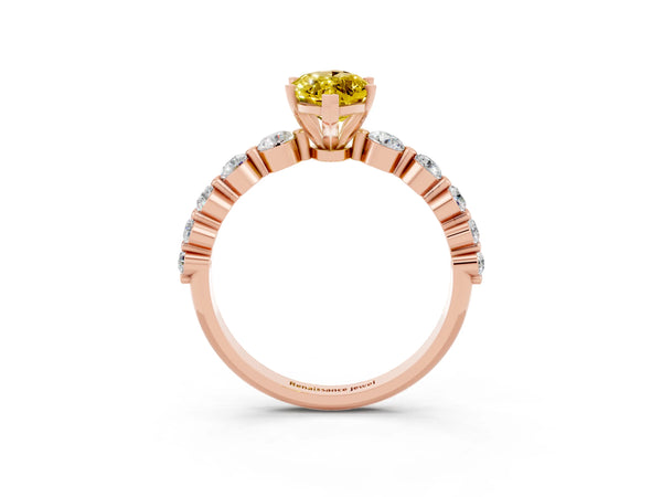 Rose gold Marquise Cut Solitaire Yellow Sapphire Ring with Pave Band and Four-Prong Setting