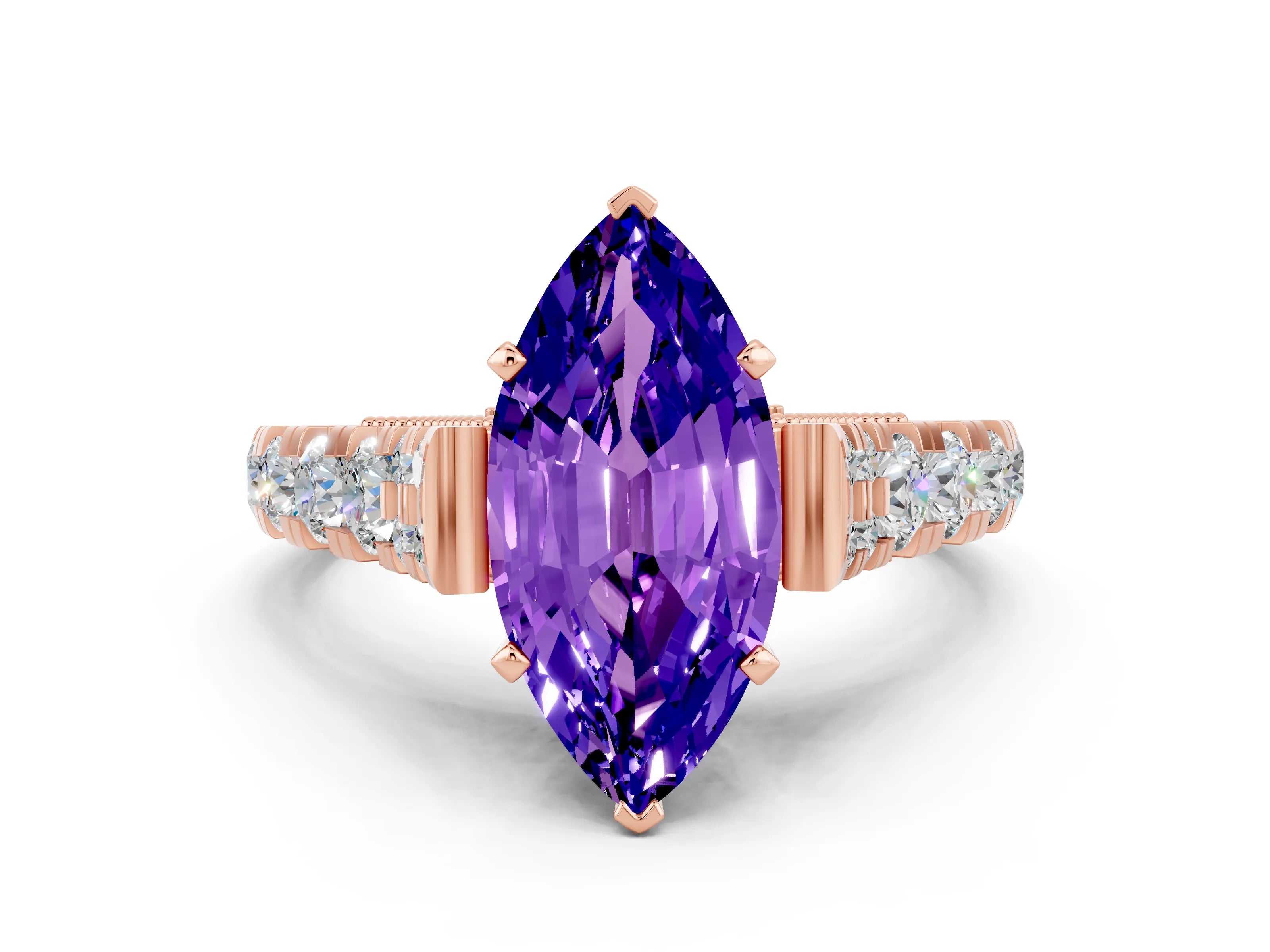 Rose gold Marquise Cut Tanzanite Classic Solitaire Ring with Pavé Band and Four-Prong Setting