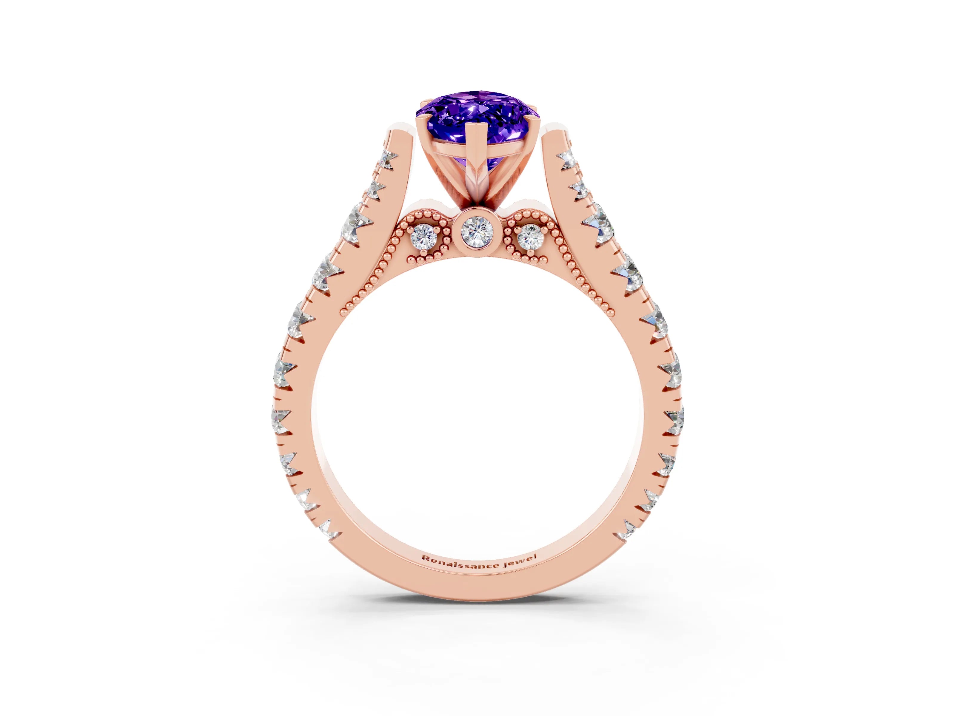 Rose gold Marquise Cut Tanzanite Classic Solitaire Ring with Pavé Band and Four-Prong Setting_3