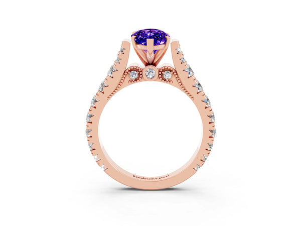 Rose gold Marquise Cut Tanzanite Classic Solitaire Ring with Pavé Band and Four-Prong Setting