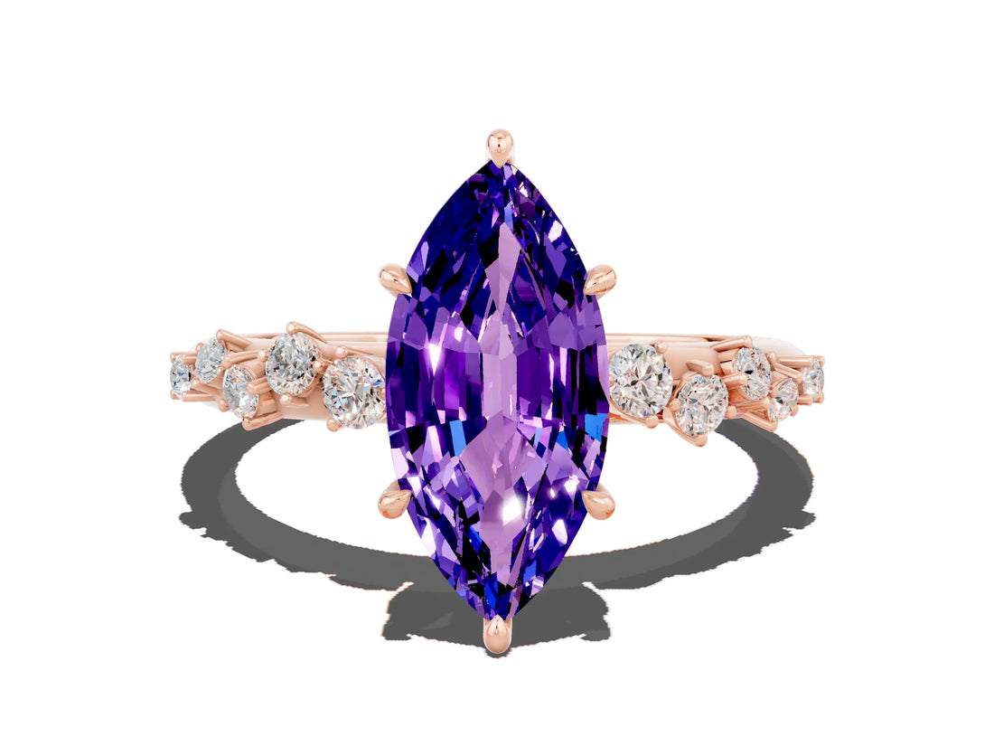 Rose gold Marquise Cut Tanzanite Cluster Side Stone Solitaire Ring with Prong Setting_24