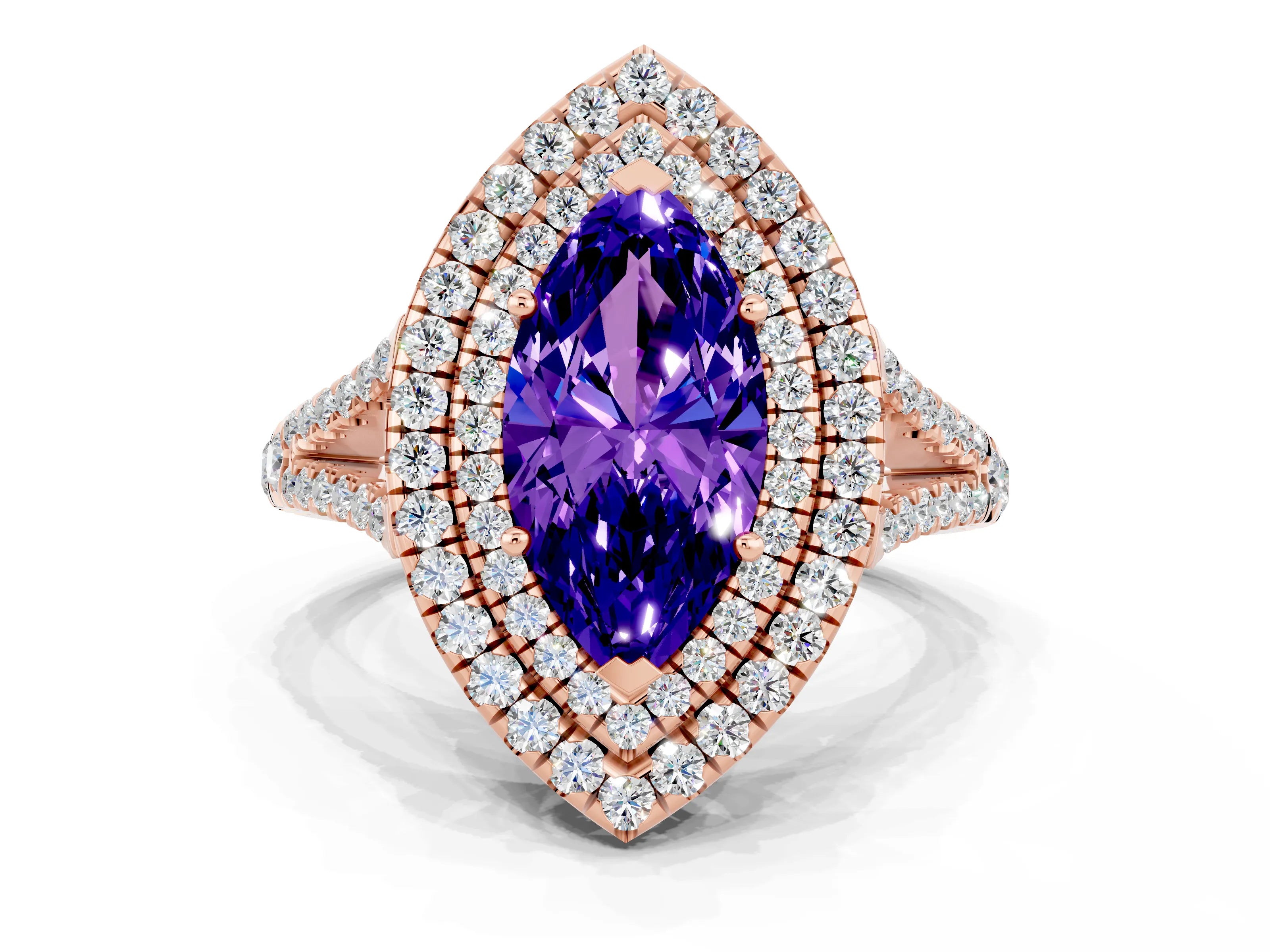 Rose gold Marquise Cut Tanzanite Double Halo Ring with Pavé Band and Prong Setting_12