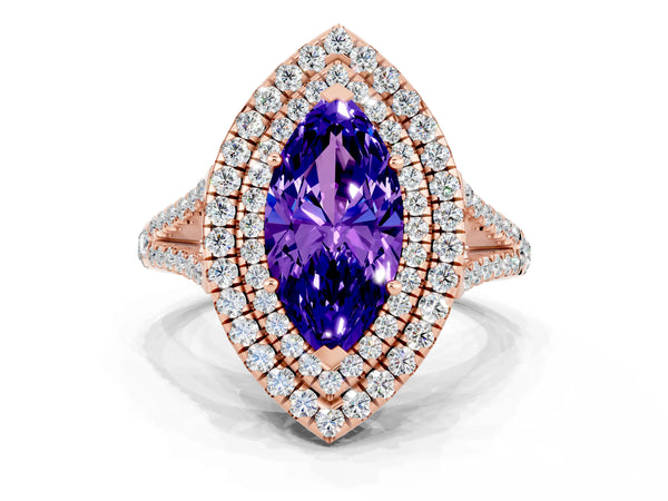 Rose gold Marquise Cut Tanzanite Double Halo Ring with Pavé Band and Prong Setting