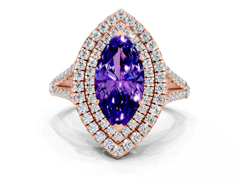 Rose gold Marquise Cut Tanzanite Double Halo Ring with Pavé Band and Prong Setting_12