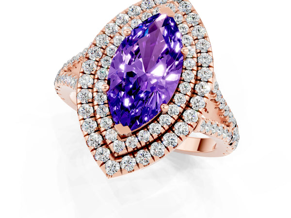 Rose gold Marquise Cut Tanzanite Double Halo Ring with Pavé Band and Prong Setting
