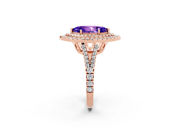 Rose gold Marquise Cut Tanzanite Double Halo Ring with Pavé Band and Prong Setting