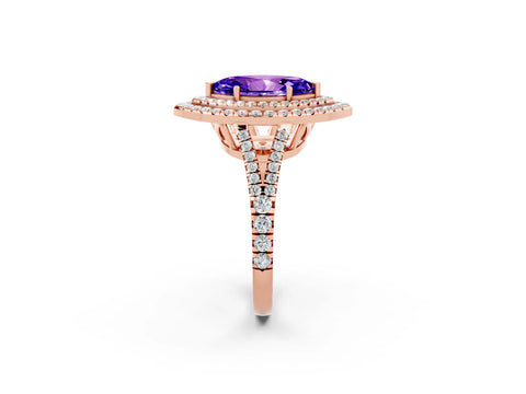 Rose gold Marquise Cut Tanzanite Double Halo Ring with Pavé Band and Prong Setting_14