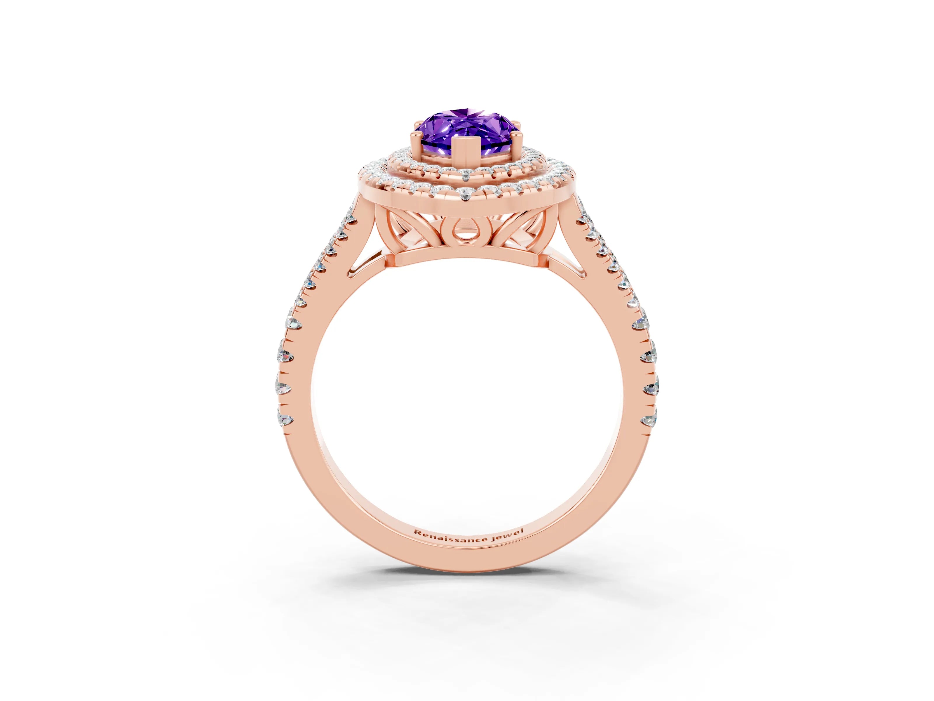 Rose gold Marquise Cut Tanzanite Double Halo Ring with Pavé Band and Prong Setting_15