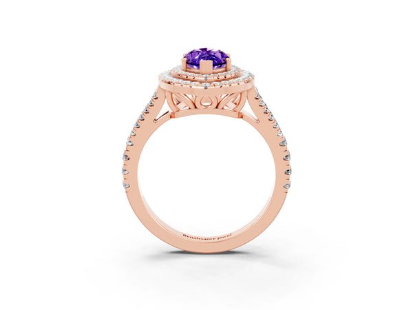 Rose gold Marquise Cut Tanzanite Double Halo Ring with Pavé Band and Prong Setting