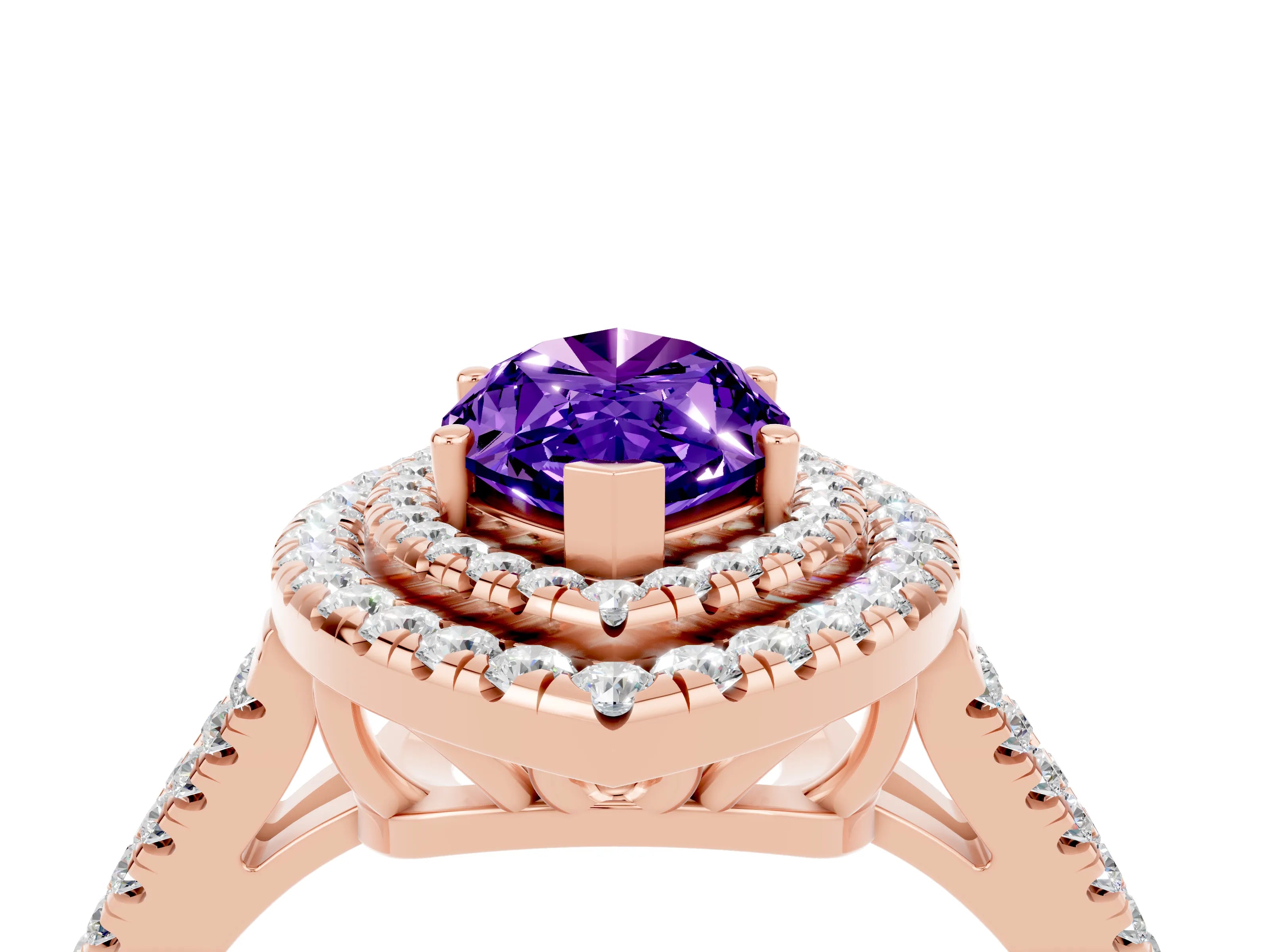 Rose gold Marquise Cut Tanzanite Double Halo Ring with Pavé Band and Prong Setting_16
