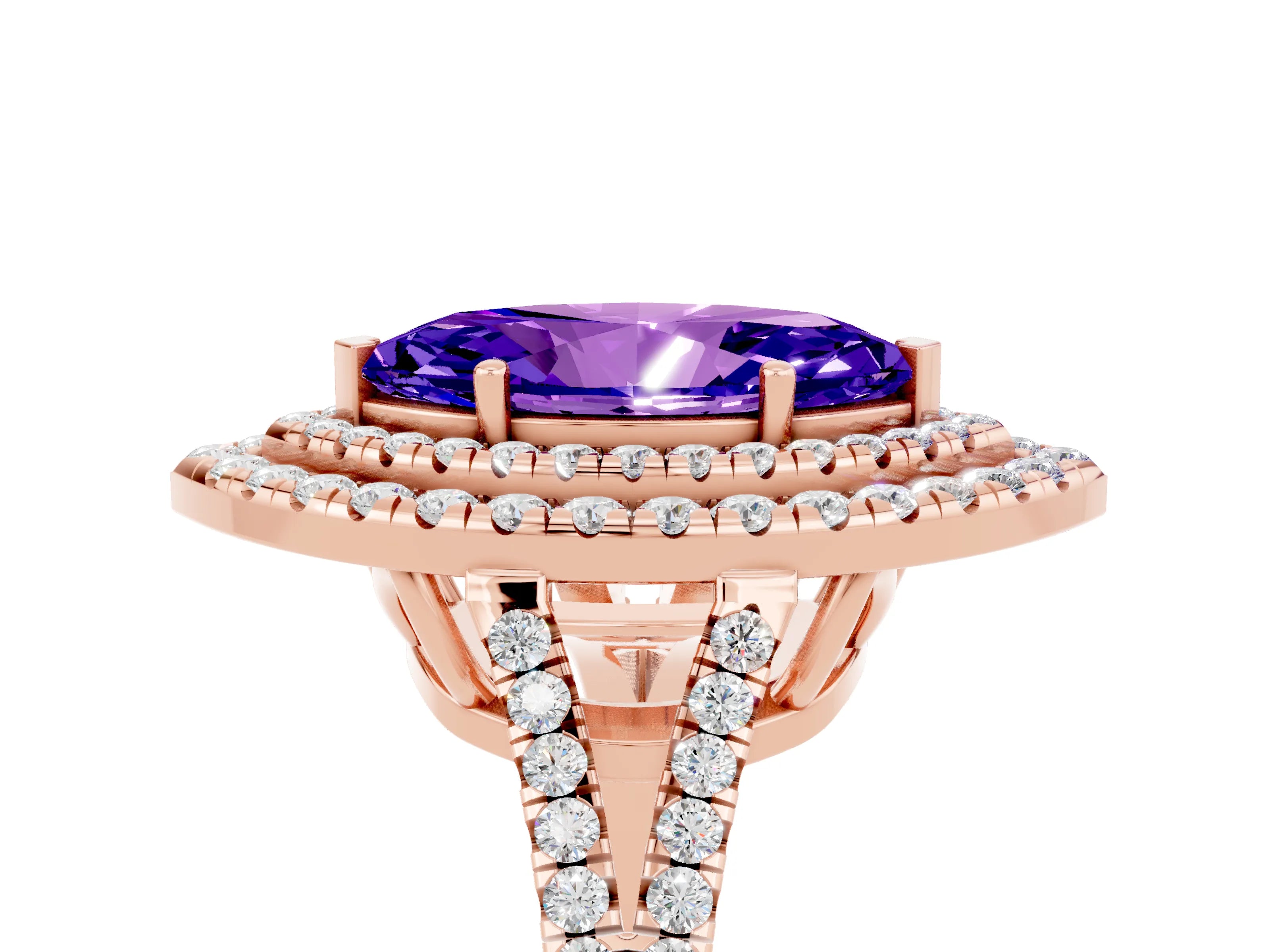 Rose gold Marquise Cut Tanzanite Double Halo Ring with Pavé Band and Prong Setting_17