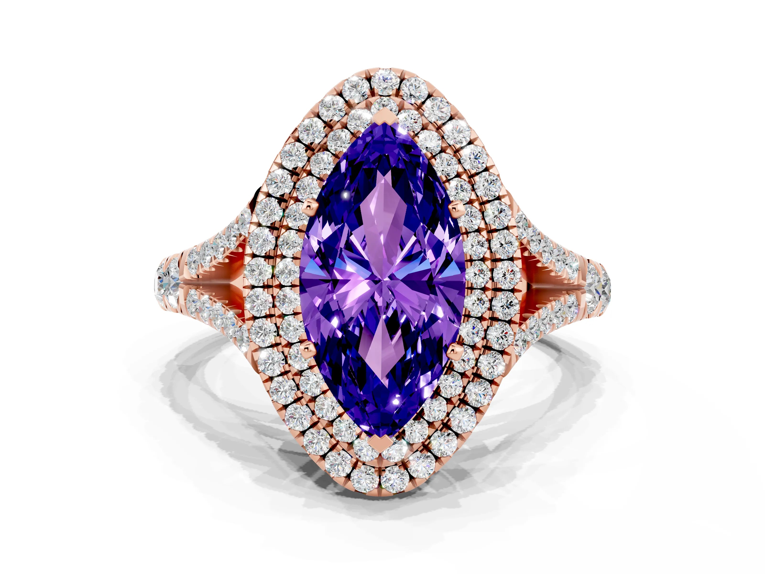 Rose gold Marquise Cut Tanzanite Double Halo Ring with Split Shank and Prong Setting_12