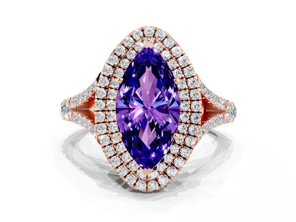 Rose gold Marquise Cut Tanzanite Double Halo Ring with Split Shank and Prong Setting