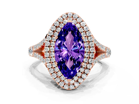 Rose gold Marquise Cut Tanzanite Double Halo Ring with Split Shank and Prong Setting_12