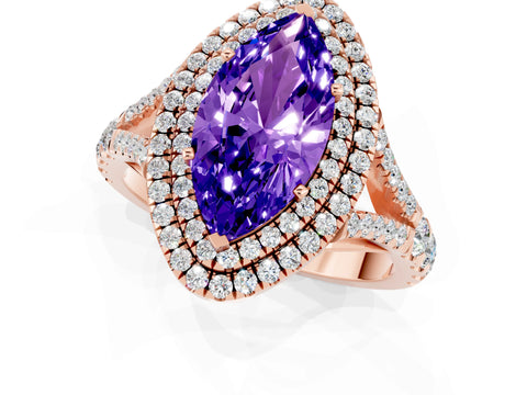 Rose gold Marquise Cut Tanzanite Double Halo Ring with Split Shank and Prong Setting_13